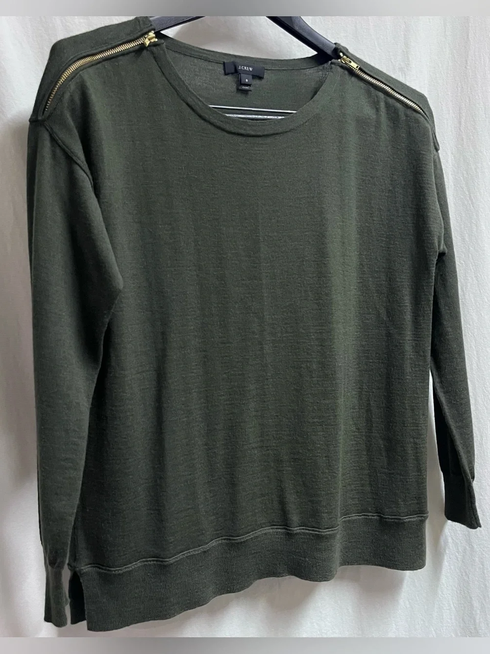 J.Crew Womens Green 100% Merino Wool Zipper Shoulder Crewneck Sweater Size S